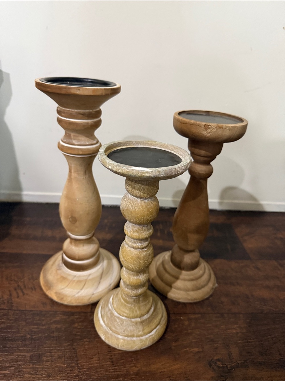 LARGE Wooden Pedestal Candle Holders Set - Natural Wood Finish